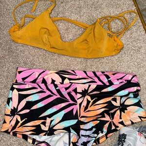 Colorful Leaf Print Shorts and Mustard Bikini Top